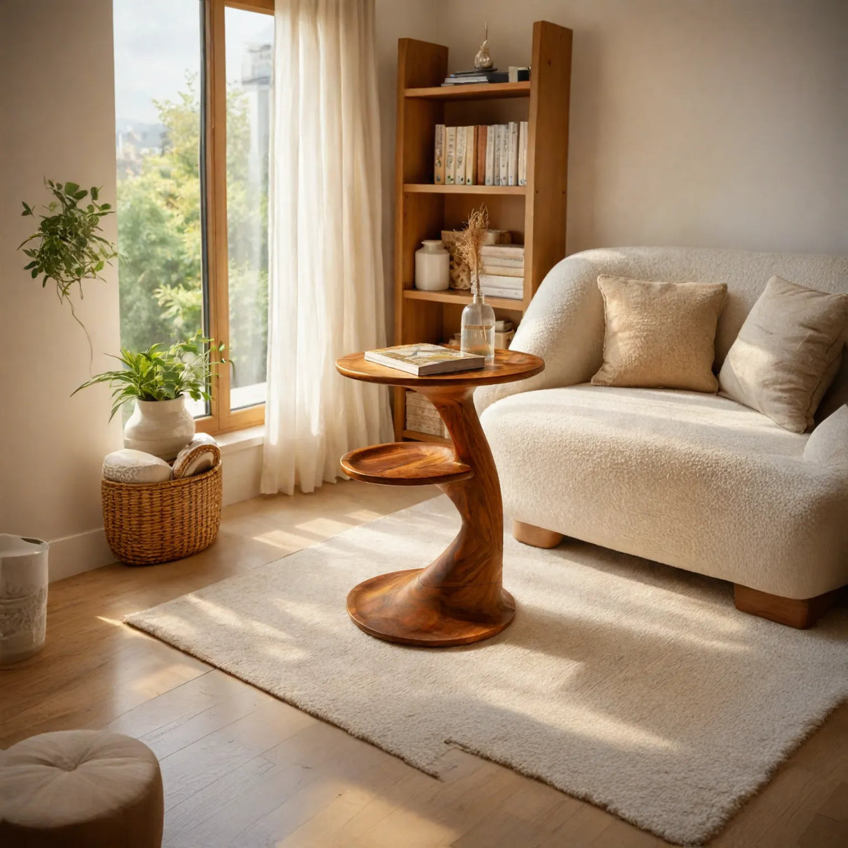 Two Tier Sculptural Solid Wood Side Table for Living Room Decor