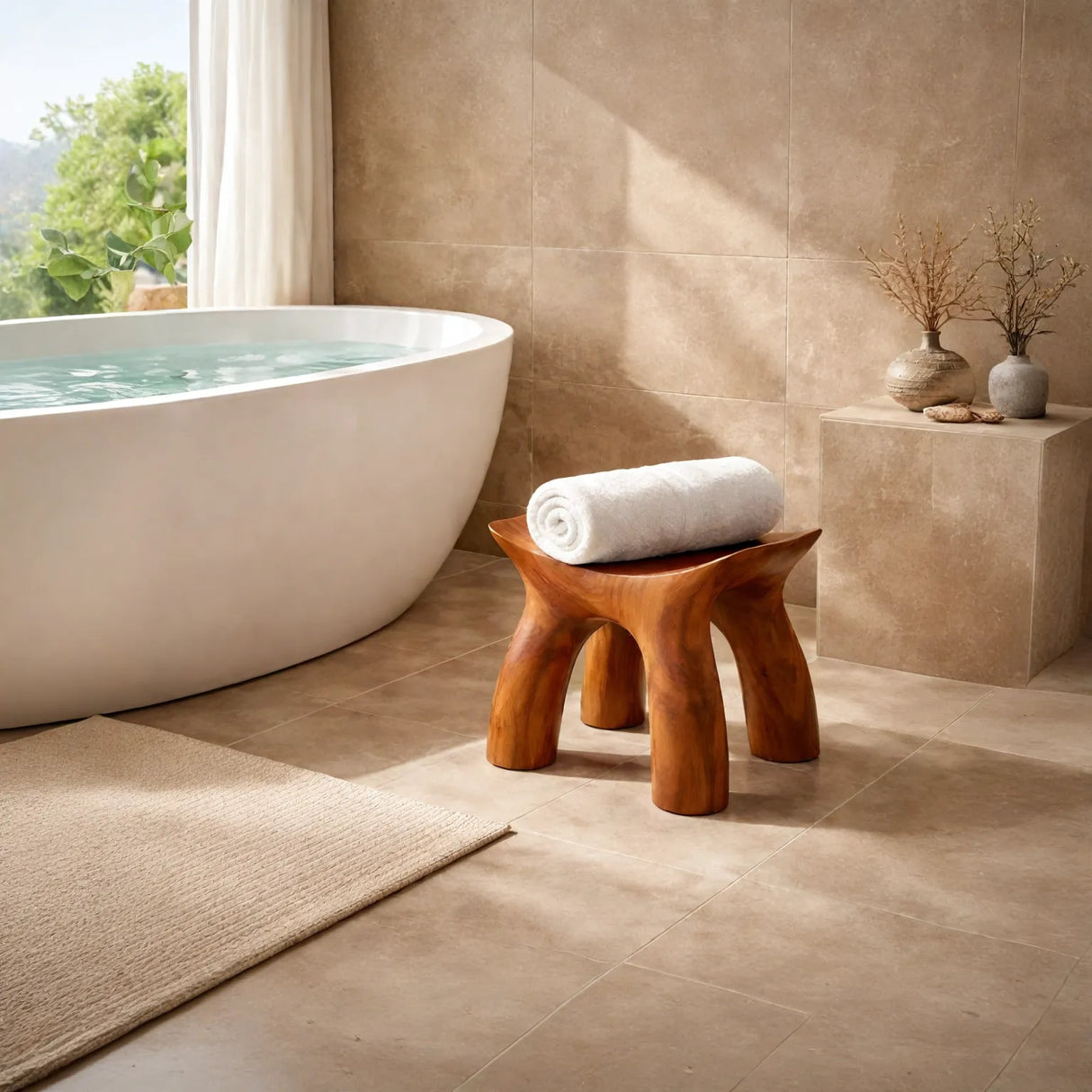 Organic Solid Wood Shower Stool with Curved Seat Design for Bathroom Spa or Bath Corner