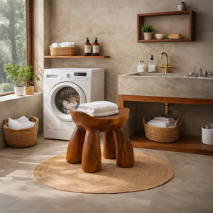 Hand Carved Solid Wood Shower Stool with Curved Sculptural Seat for Bathroom Spa or Bath Area