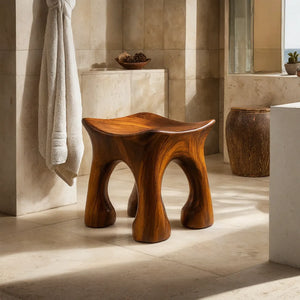 Solid Wood Shower Stool with Sculpted Organic Seat for Bathroom Spa Corner