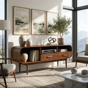 Curved Wood TV Cabinet with Drawers and Open Shelving, Mid Century Modern Media Console for Organic Modern Living Rooms