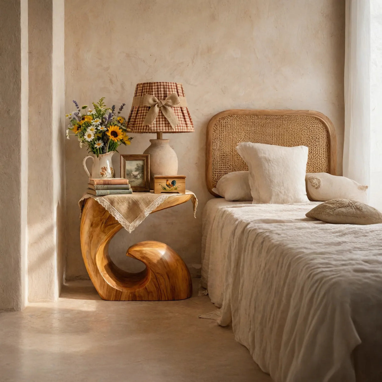 Handcrafted Solid Wood Side Table with Sculptural Curved Base for Bedroom