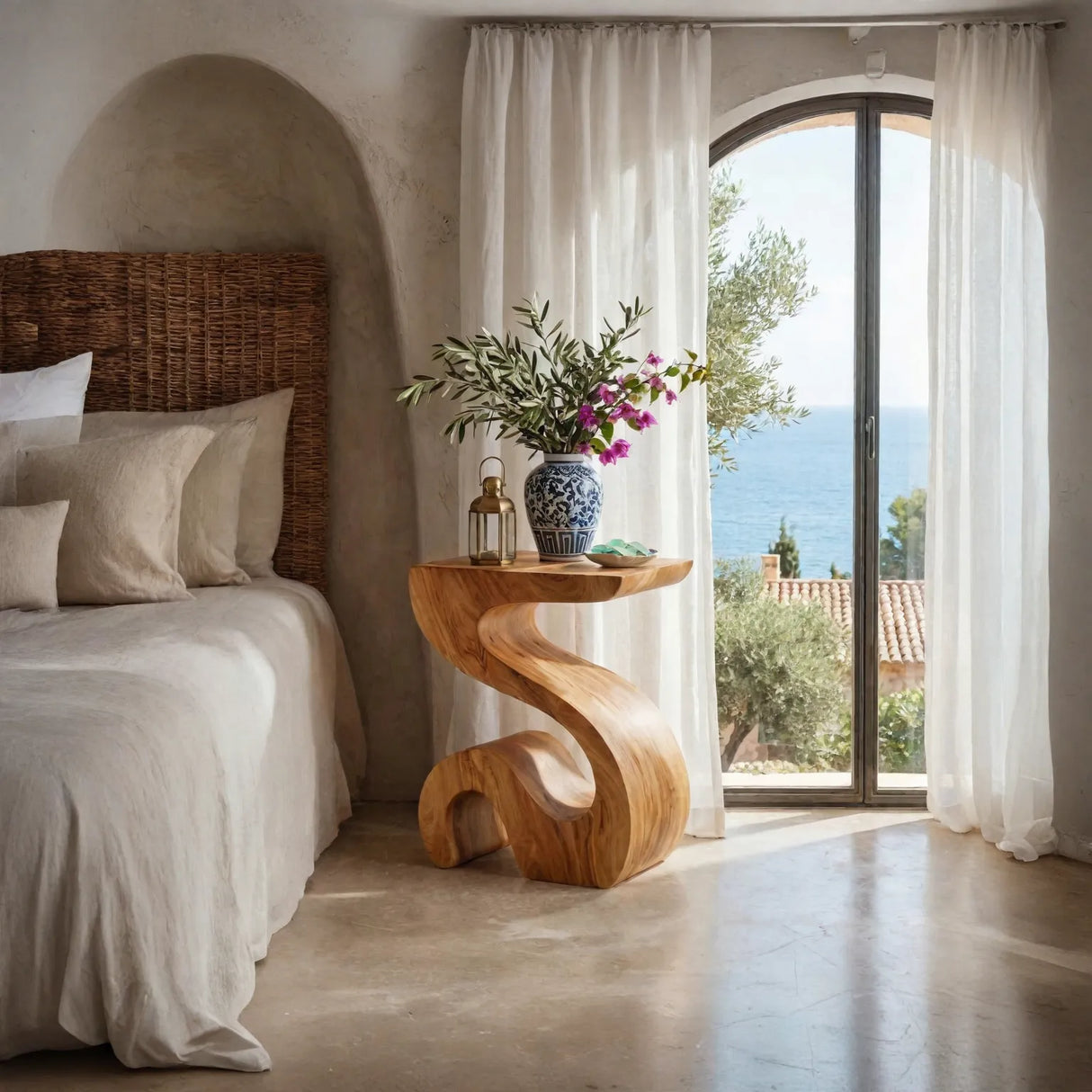Handcrafted Solid Wood Bedside Table for Lamp with Sculptural Curved Base