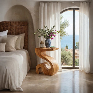 Handcrafted Solid Wood Bedside Table for Lamp with Sculptural Curved Base