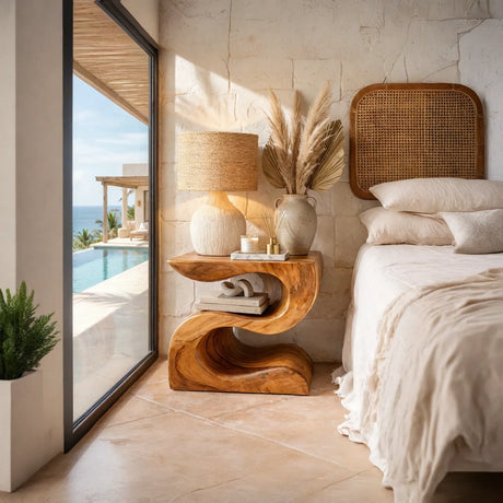 Handcrafted Solid Wood Nightstand for Bedside Lamp with Sculptural Wave Form