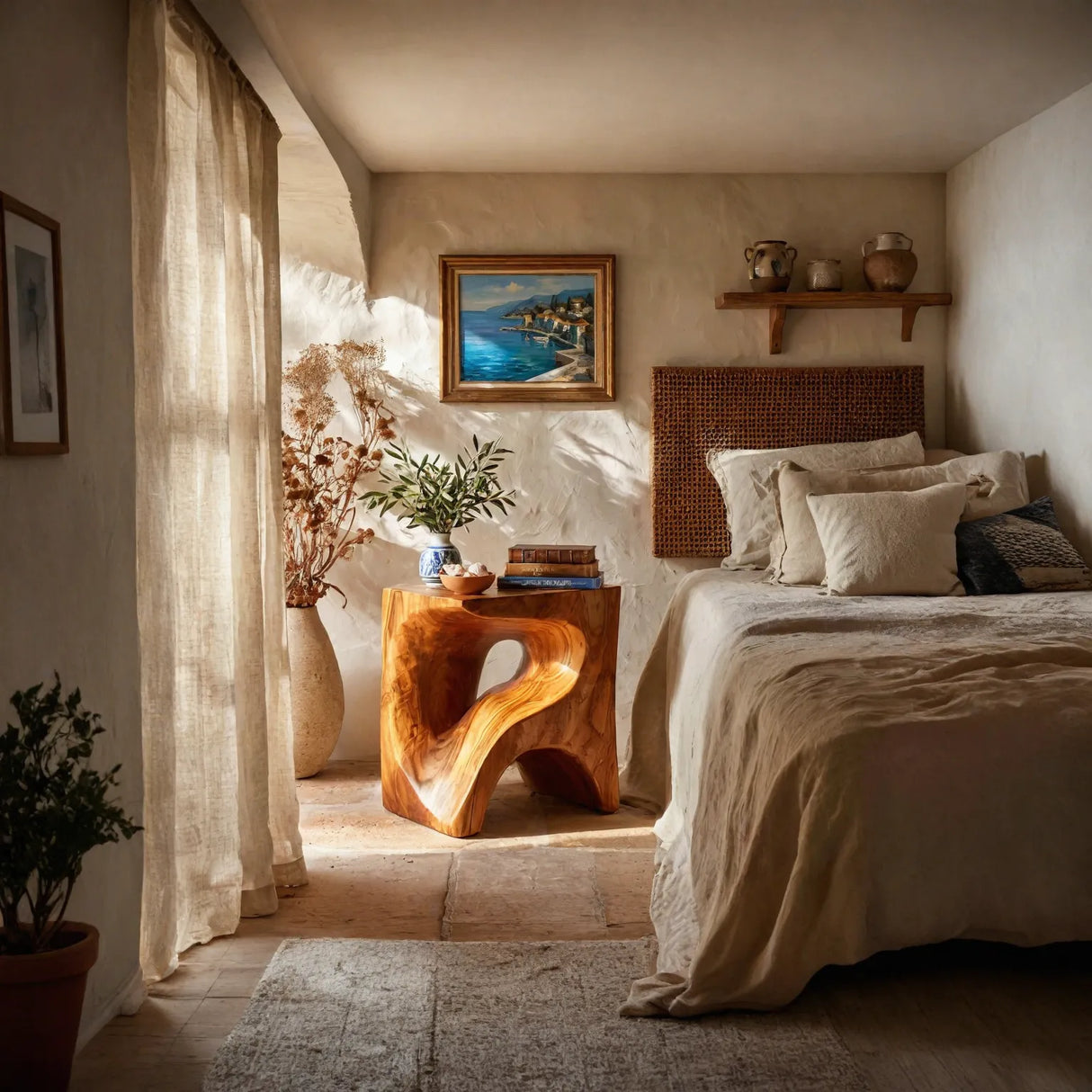 Handcrafted Solid Wood Bedside Table with Sculptural Open Base for Bedroom