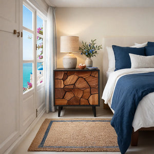 Handcrafted Solid Wood Nightstand with Geometric Carved Drawer Fronts and Black Frame