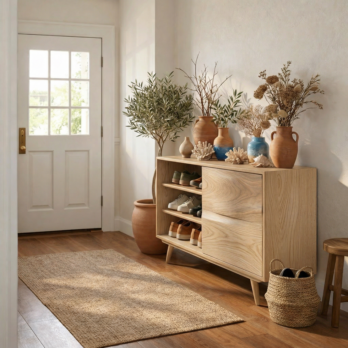 Handcrafted Solid Wood Shoe Cabinet with Open Shelves for Entryway