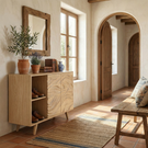 Handmade Solid Wood Shoe Cabinet with Carved Flow Front and Open Side Storage