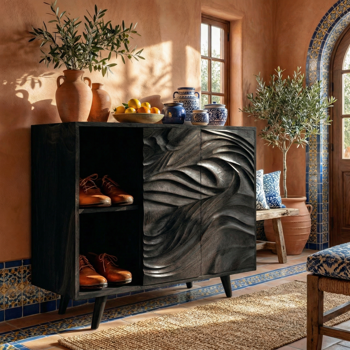 Handmade Solid Wood Shoe Cabinet with Carved Flow Front and Open Side Storage