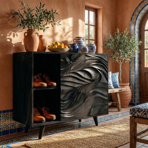 Handmade Solid Wood Shoe Cabinet with Carved Flow Front and Open Side Storage