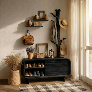 Handcrafted Solid Wood Shoe Cabinet with Coat Rack for Entryway and Hallway