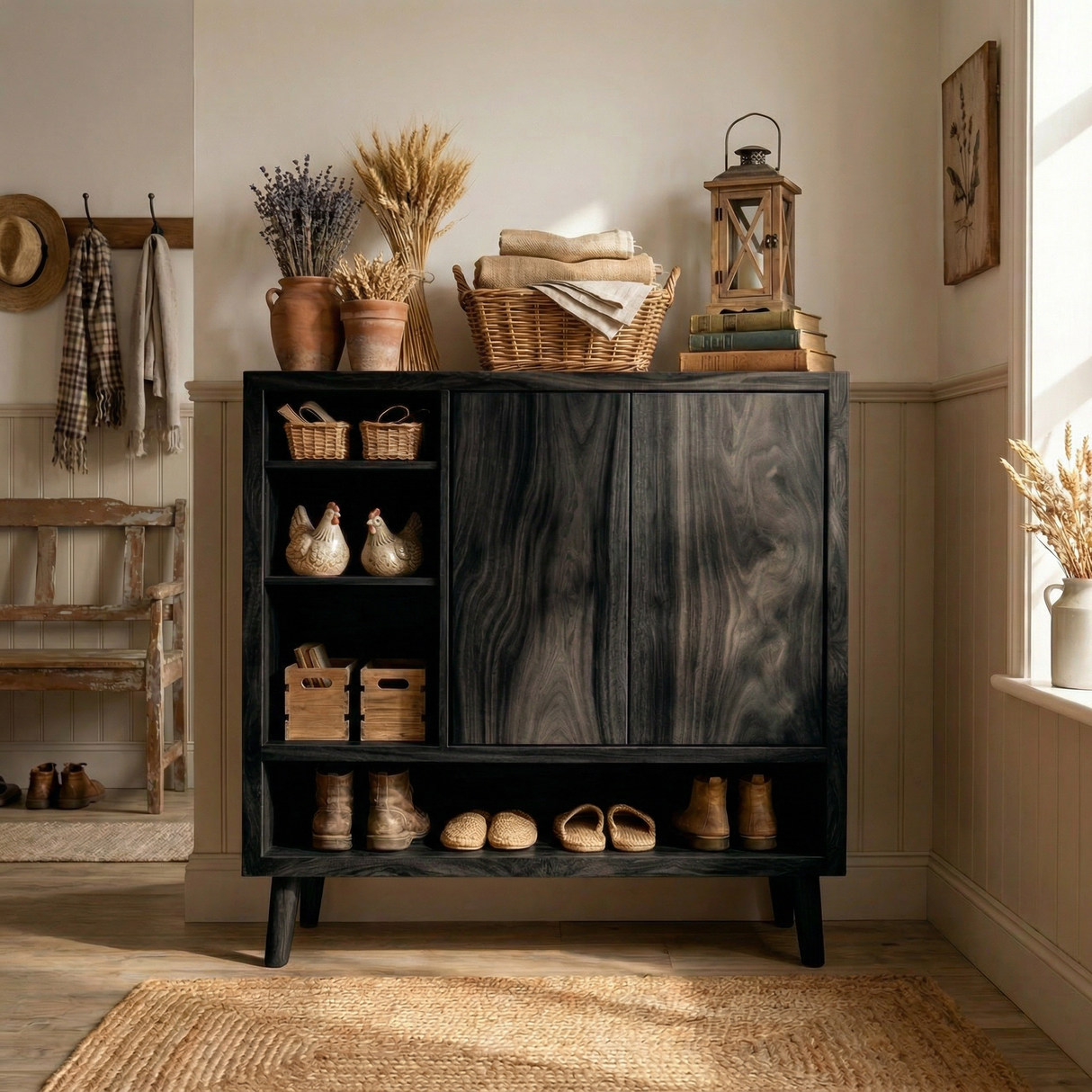 Handcrafted Solid Wood Shoe Cabinet with Double Doors and Open Shelving for Entryway