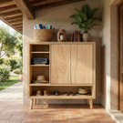 Handcrafted Solid Wood Shoe Cabinet with Double Doors and Open Shelving for Entryway