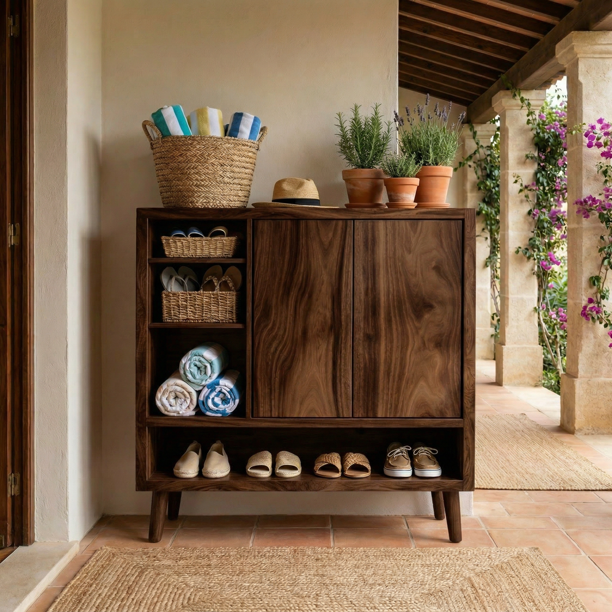 Handcrafted Solid Wood Shoe Cabinet with Double Doors and Open Shelving for Entryway