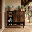 Handcrafted Solid Wood Shoe Cabinet with Double Doors and Open Shelving for Entryway