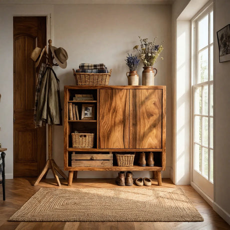 Handcrafted Solid Wood Shoe Cabinet with Double Doors and Open Shelving for Entryway