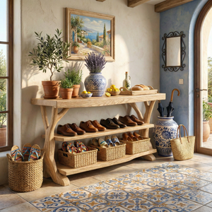Handcrafted Solid Wood Shoe Rack Console with Open Shelves and Sculptural Branch Legs