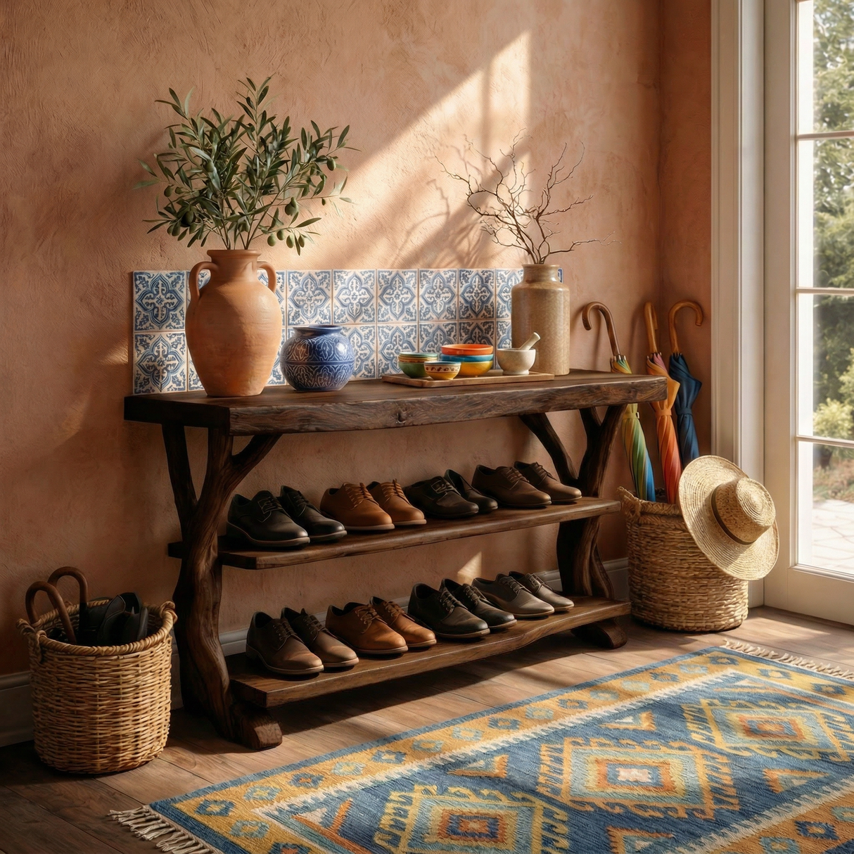 Handcrafted Solid Wood Shoe Rack Console with Open Shelves and Sculptural Branch Legs