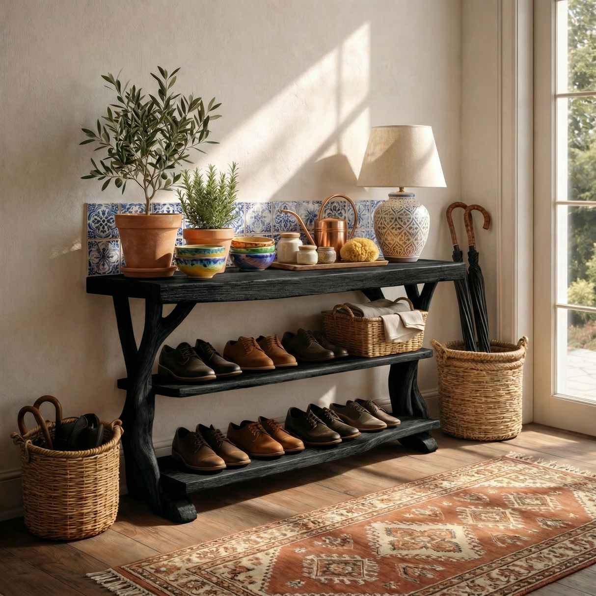 Handcrafted Solid Wood Shoe Rack Console with Open Shelves and Sculptural Branch Legs
