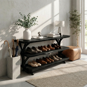 Handcrafted Solid Wood Shoe Rack Console with Open Shelves and Organic Branch Base