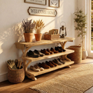 Handcrafted Solid Wood Shoe Rack Console with Open Shelves and Organic Branch Base