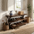 Handcrafted Solid Wood Shoe Rack Console with Open Shelves and Organic Branch Base