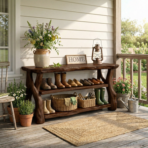 Handcrafted Solid Wood Shoe Rack Console with Rustic Live Edge Top and Open Shelving