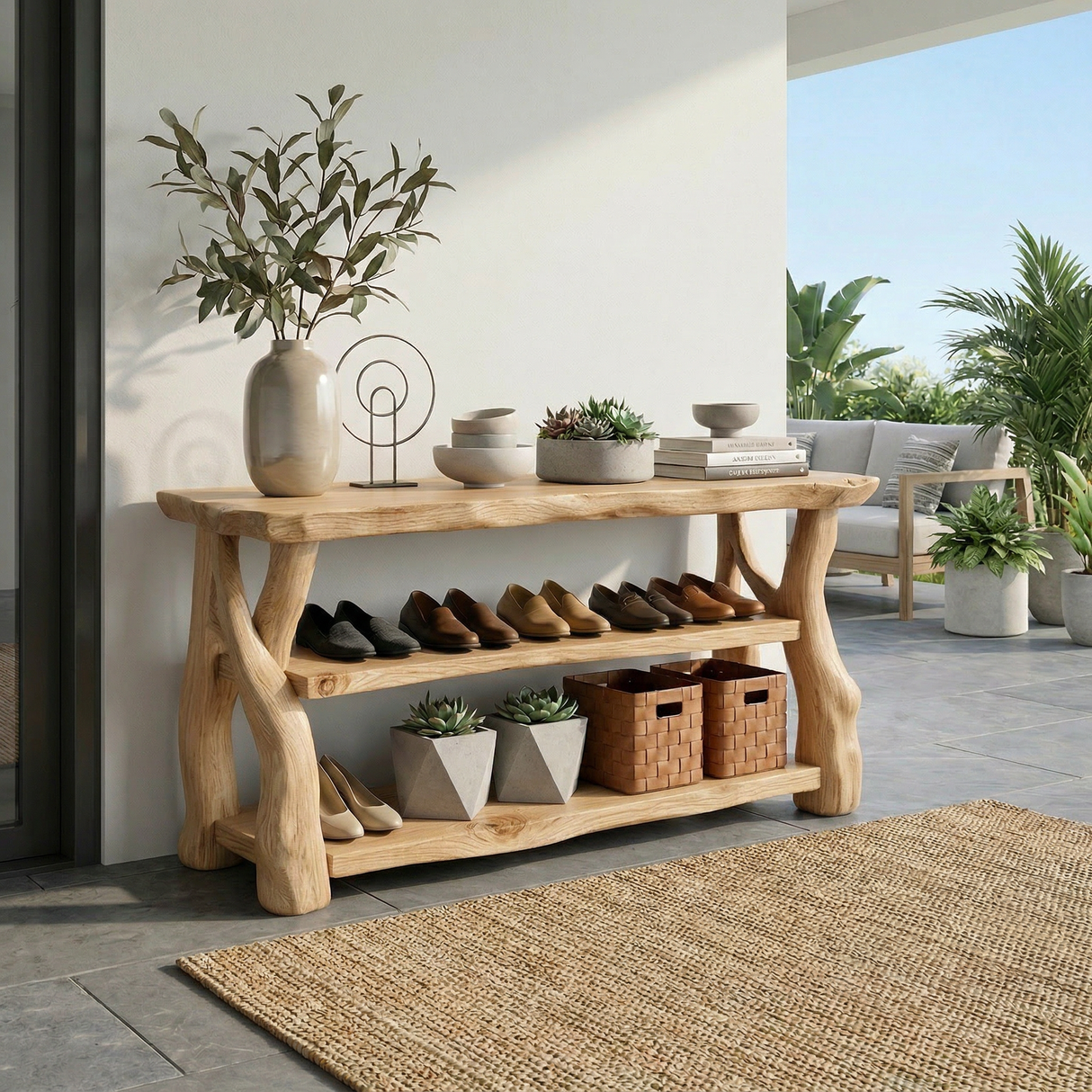 Handcrafted Solid Wood Shoe Rack Console with Rustic Live Edge Top and Open Shelving