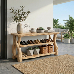 Handcrafted Solid Wood Shoe Rack Console with Rustic Live Edge Top and Open Shelving