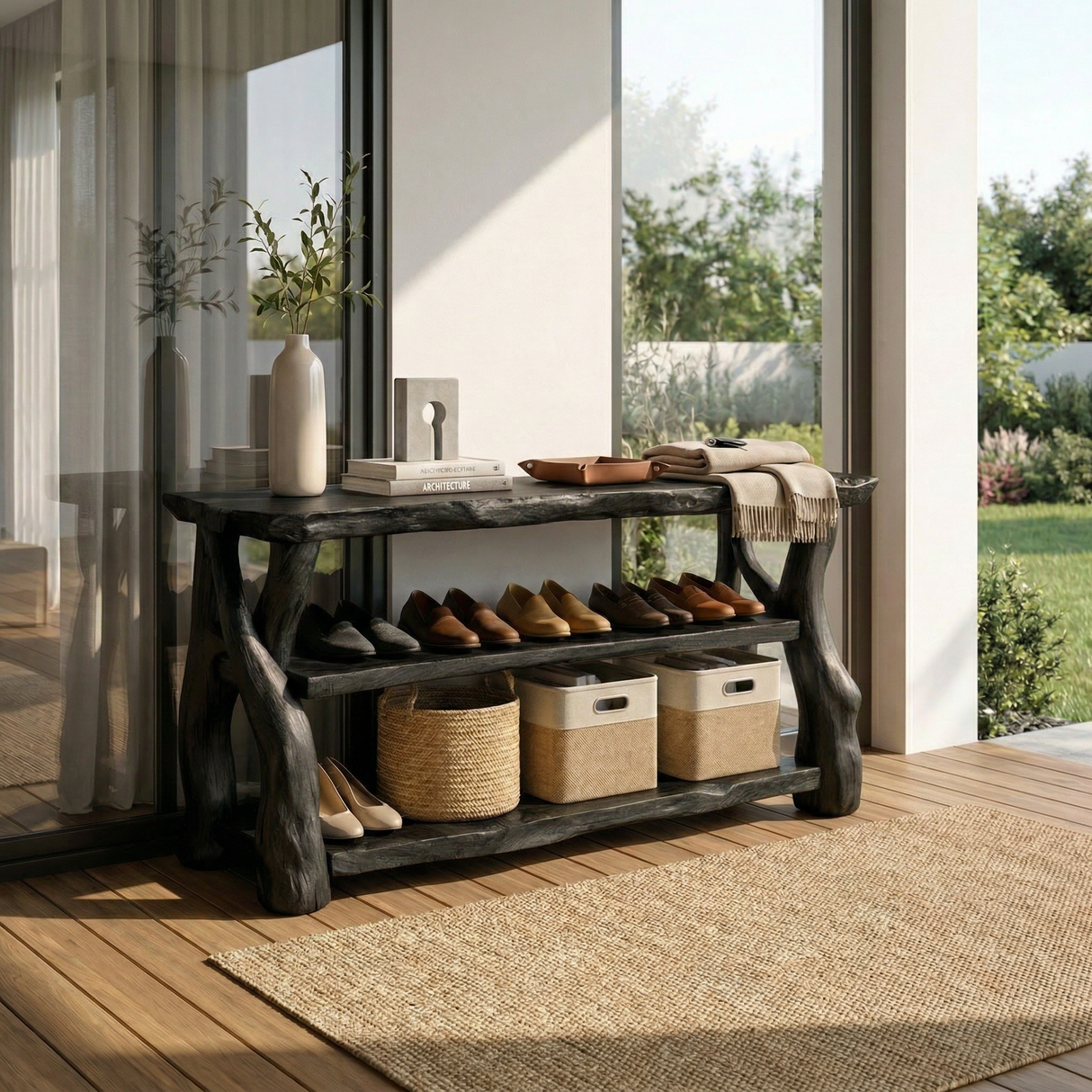 Handcrafted Solid Wood Shoe Rack Console with Rustic Live Edge Top and Open Shelving