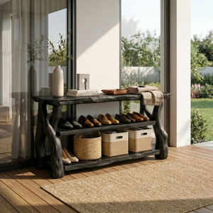 Handcrafted Solid Wood Shoe Rack Console with Rustic Live Edge Top and Open Shelving