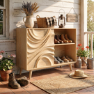 Handcrafted Solid Wood Shoe Cabinet with Sculptural Carved Door and Open Shelves for Entryway