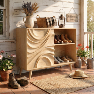 Handcrafted Solid Wood Shoe Cabinet with Sculptural Carved Door and Open Shelves for Entryway