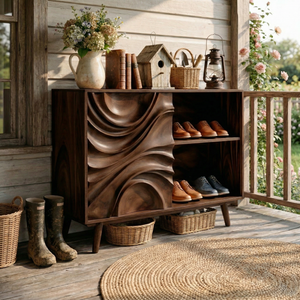 Handcrafted Solid Wood Shoe Cabinet with Sculptural Carved Door and Open Shelves for Entryway