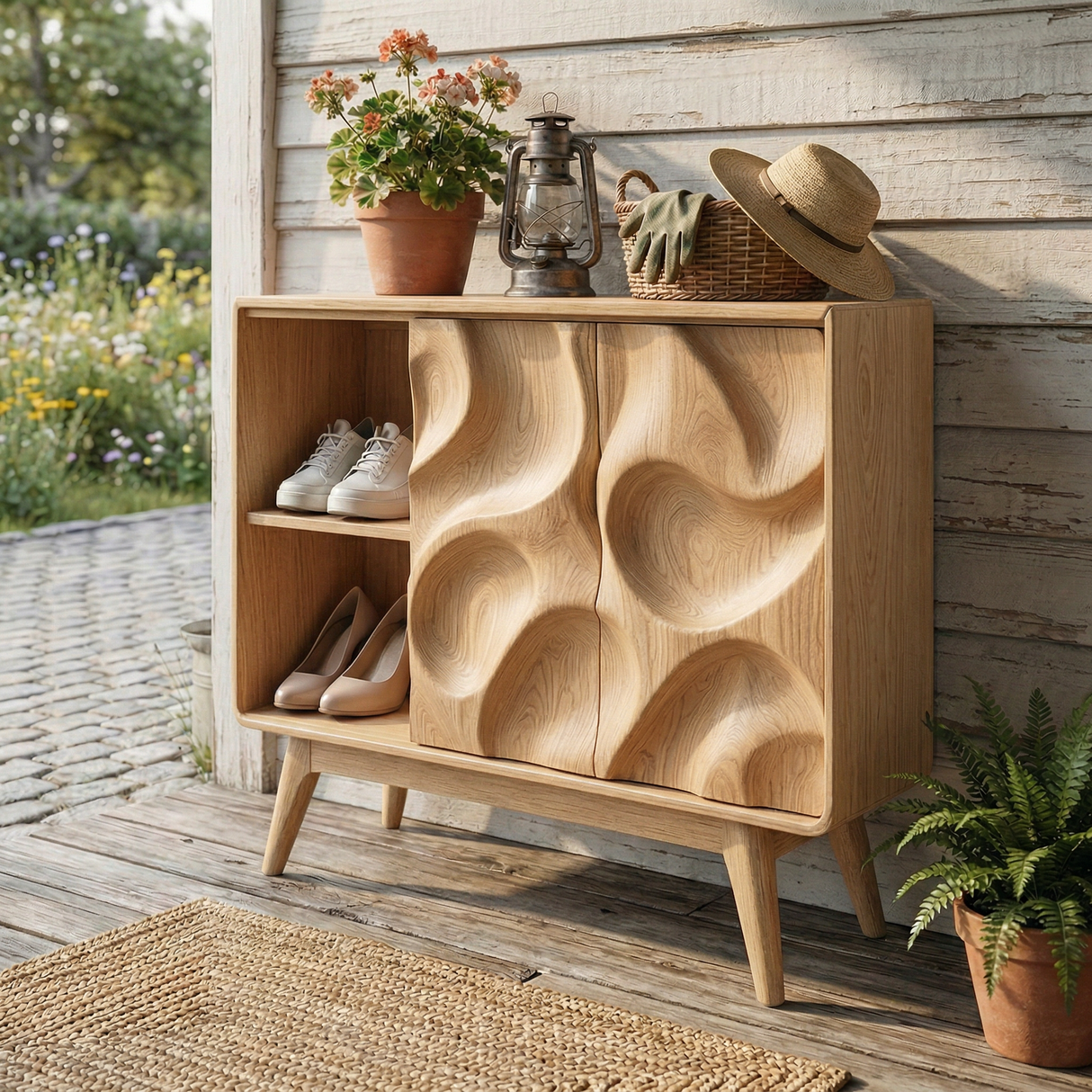 Handcrafted Solid Wood Shoe Cabinet with Sculptural Carved Doors and Open Side Shelves