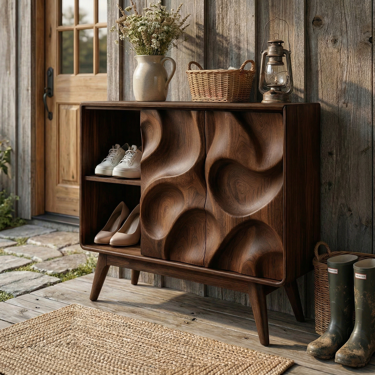 Handcrafted Solid Wood Shoe Cabinet with Sculptural Carved Doors and Open Side Shelves