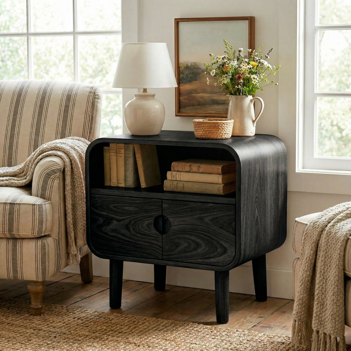 Solid Wood Nightstand with Double Door Storage and Open Shelf for Bedroom