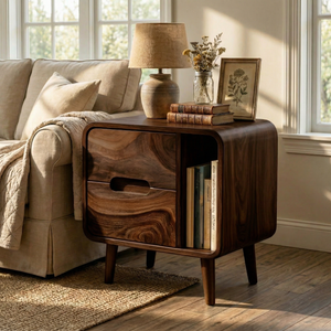 Handcrafted Solid Wood Nightstand with Drawer and Open Book Shelf for Bedroom