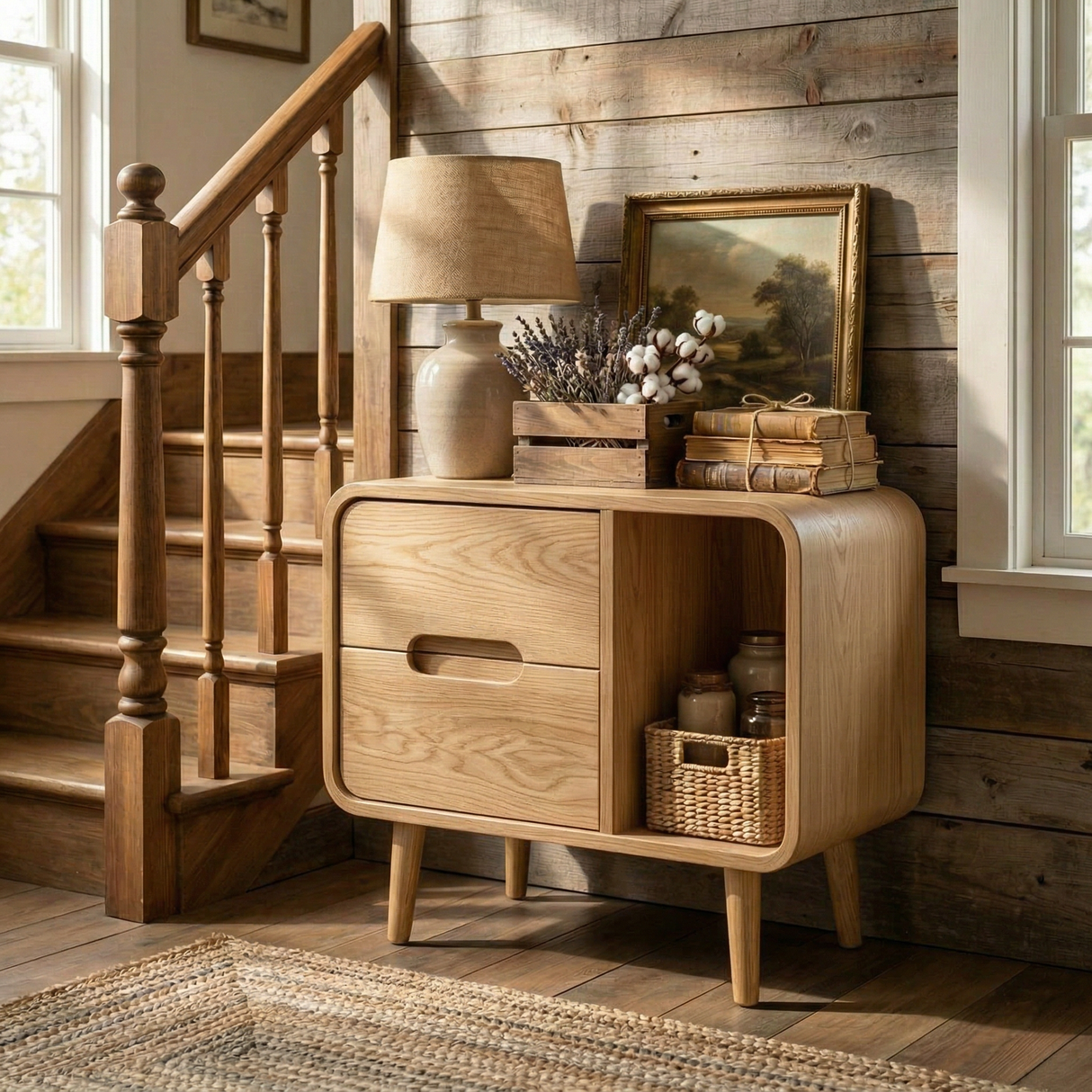 Handcrafted Solid Wood Nightstand with Drawer and Open Book Shelf for Bedroom