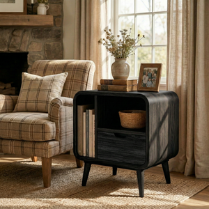 Solid Wood Nightstand with Drawer and Open Side Storage for Bedroom