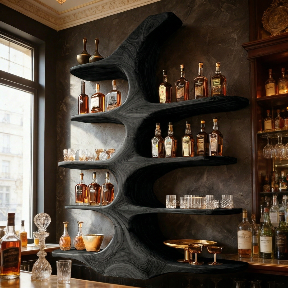 Handcrafted Solid Wood Wall Mounted Whiskey Shelf with Organic Branch Form