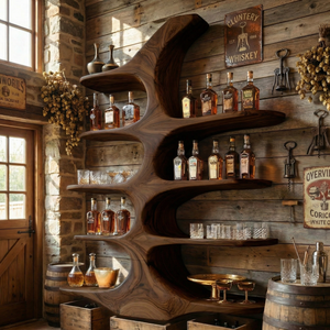 Handcrafted Solid Wood Wall Mounted Whiskey Shelf with Organic Branch Form