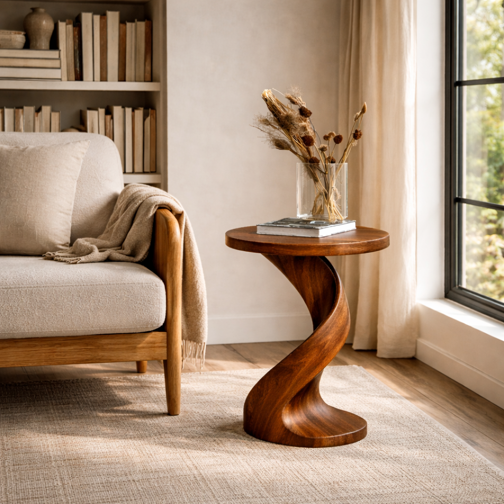 Modern Solid Wood Side Table with Twisted Pedestal Base for Living Room Seating