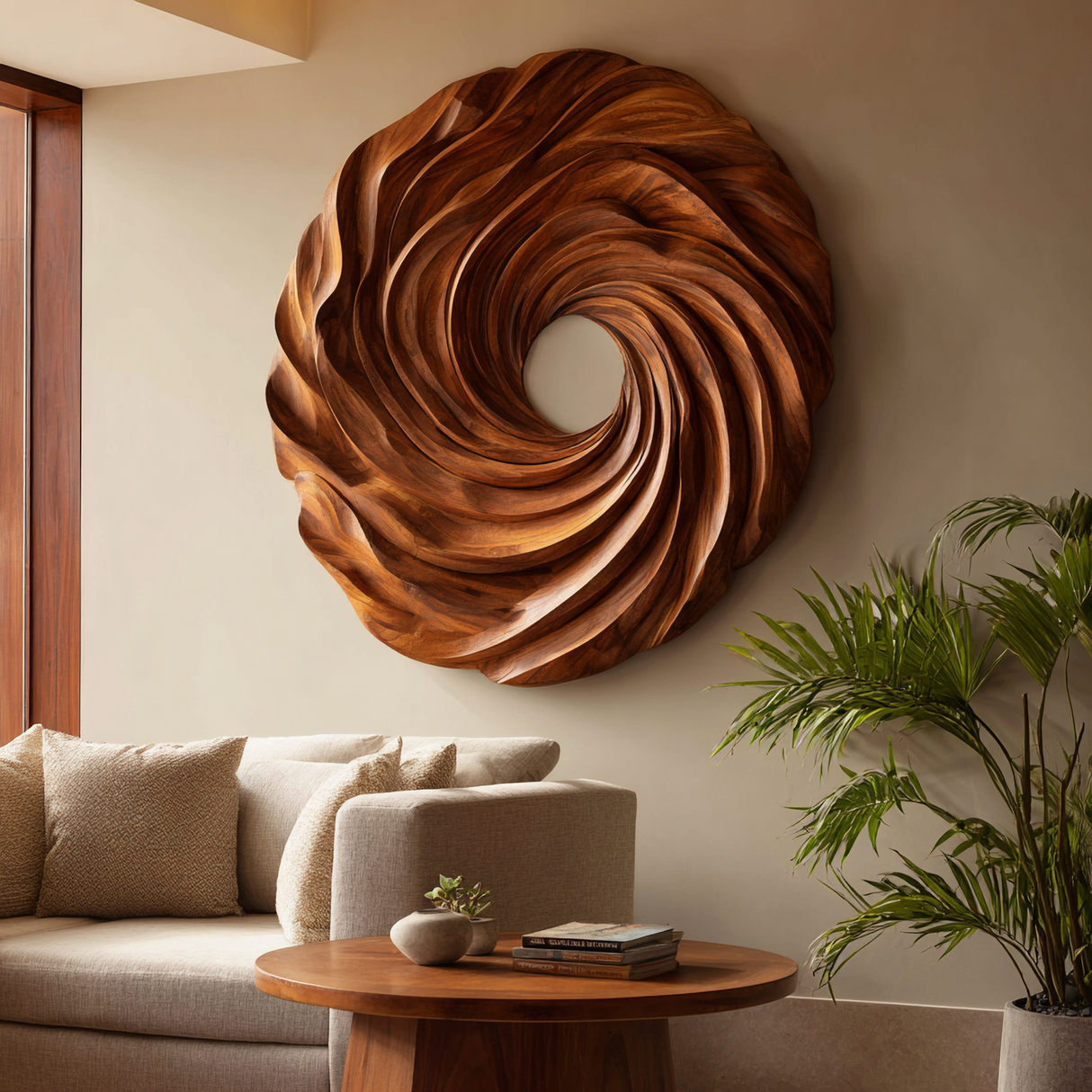 Modern Spiral Solid Wood Wall Sculpture for Living Room Interiors