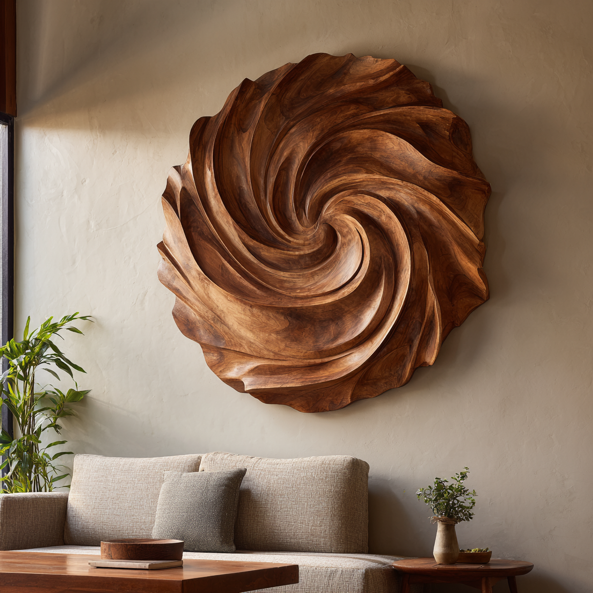 Modern Solid Wood Spiral Wall Sculpture for Living Room Interiors