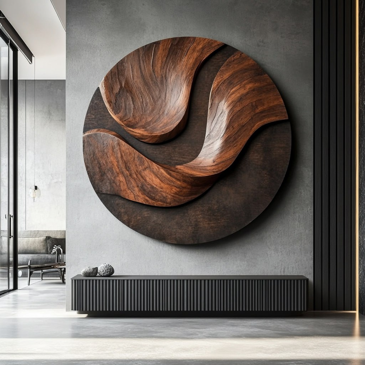 Dual Flow Round Solid Wood Wall Sculpture for Modern Interiors