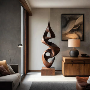 Tall Hand-Carved Organic Solid Wood Sculpture for Modern Interiors