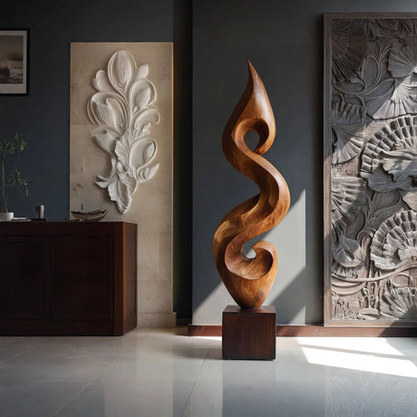 Hand-Carved Organic Flame-Form Solid Wood Sculpture for Modern Interior Spaces