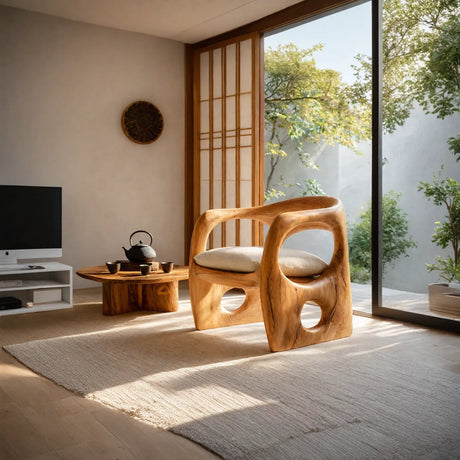 Hand Carved Solid Wood Lounge Chair with Organic Sculptural Design for Living Room